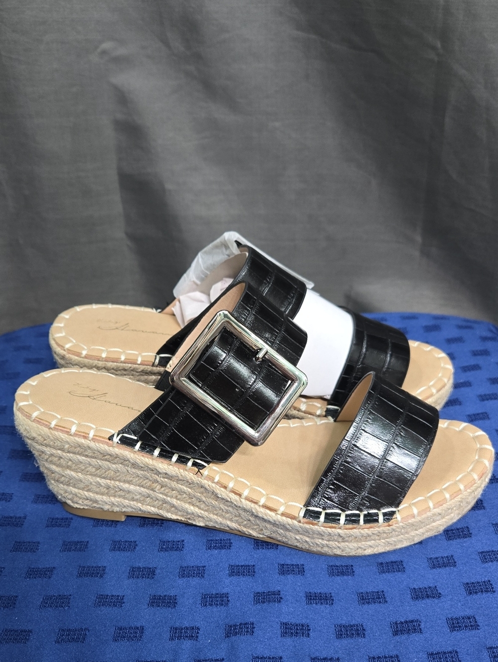 Vintage Havana Black Croc Espadrille Wedge Slides with Silver Buckle